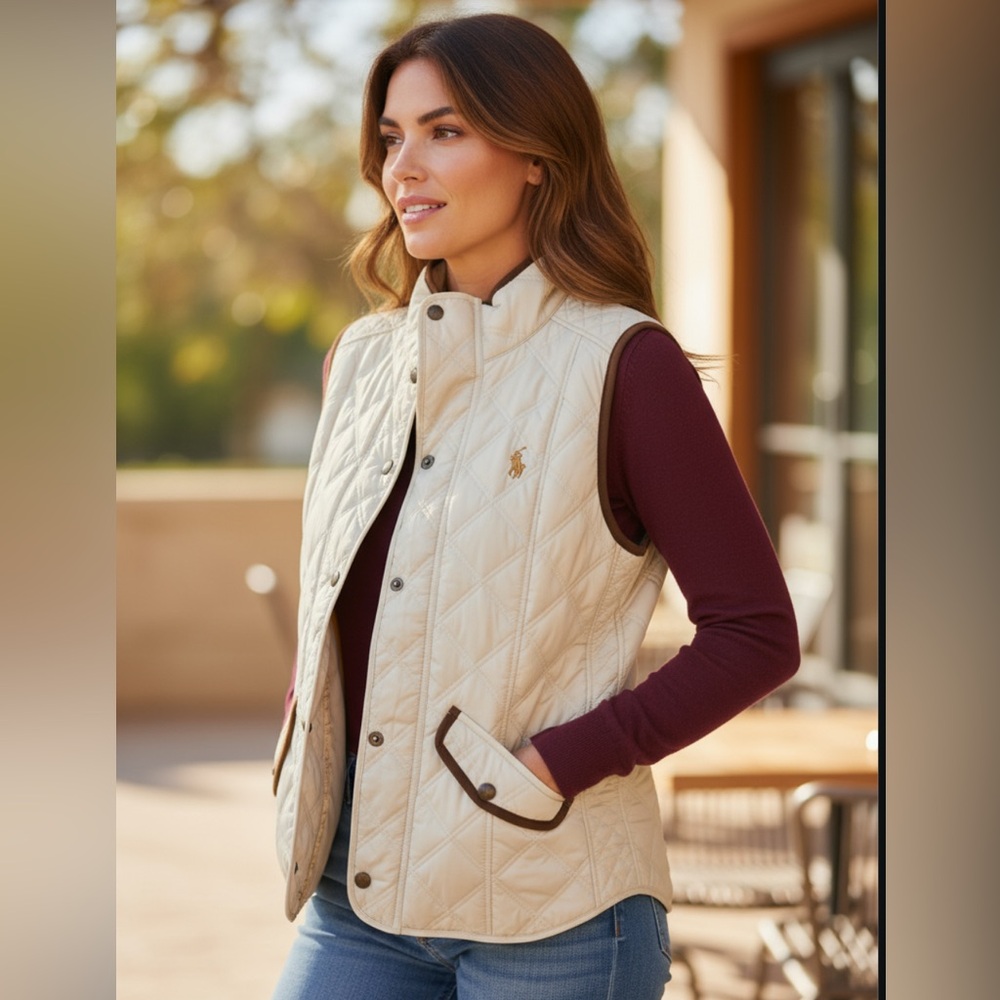 Ralph Lauren White Quilted Vest with Brown Accents